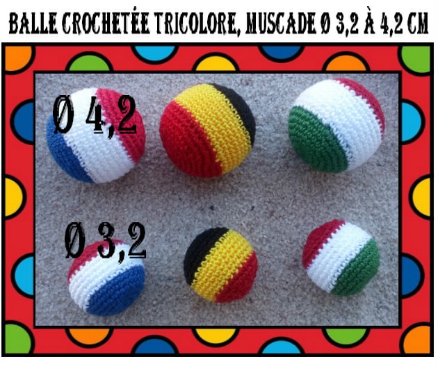 Balle crochetée tricolore, muscade Ø 3,2 à 4,2 cm