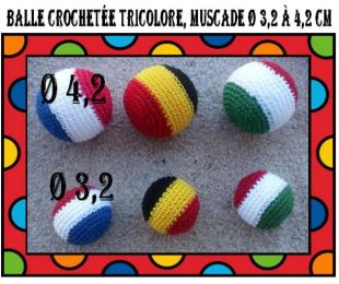 Balle crochetée tricolore, muscade Ø 3,2 cm à 4,2 cm